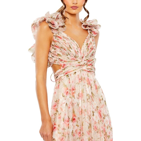 Mac Duggal NEW Ruffle Tiered Cut-Out Lace-up Chiffon‎ Floral Gown $598 - Size 4 - Picture 7 of 16